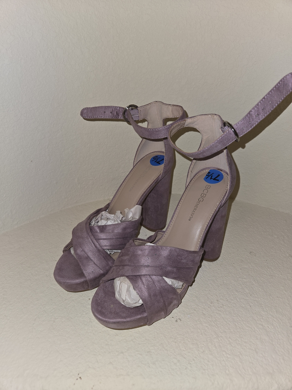 BCBG Mauve Suede Crisscross Ankle Strap Block Heels